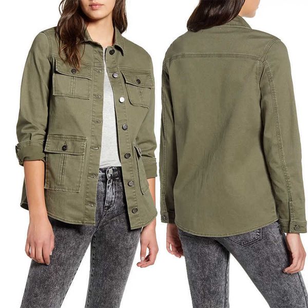 Benutzerdefinierte Großhandel Herbst Arbeit tragen weibliche Armee grüne Taschen Button Fly Jacke Frauen Twill Baumwoll Utility Safari Safari