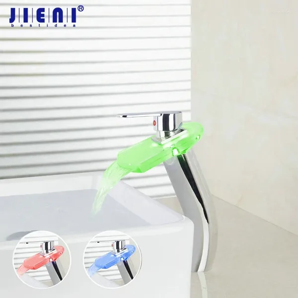 Rubinetti del lavandino da bagno jiani vetro a led cascata leggera cromata corse lucido lavabo lavabo 1 manico che manetta morso morso toccare il rubinetto del mixer