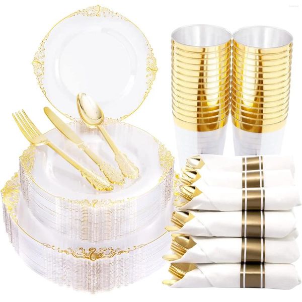 Geschirrsets 60 Prozent goldene Plastikplatten inklusive 10 Dessert Tassen Gabeln Messerlöffel für Gäste geeignet