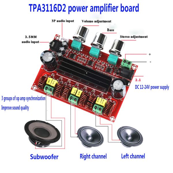 Amplificador tpa3116 2.1 placa de amplificador de áudio digital XHHM139 TPA3116D2 Subwoofer Power amplificadores de potência DC12V24V 2*50W Subwoofer 100W