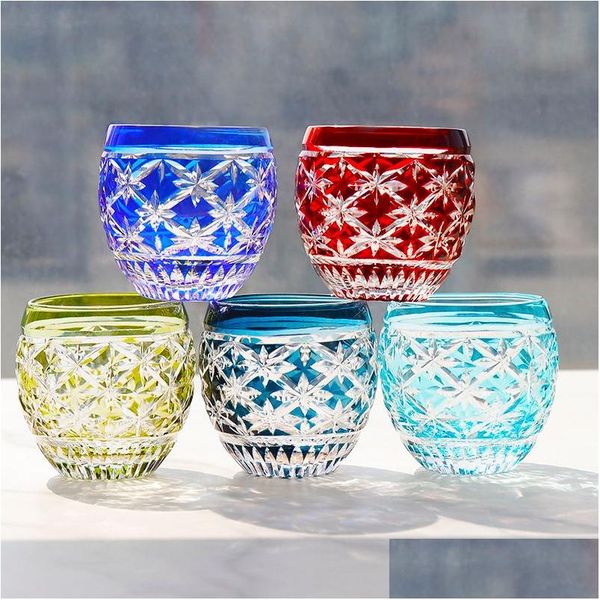 Tumblers japoneses edo kiriko color cristal s copos de vidro de vidro Gravato de mão Bright Start Bright Wine Glasses Vodka Spirit Liquor Tumbler Dhmxl