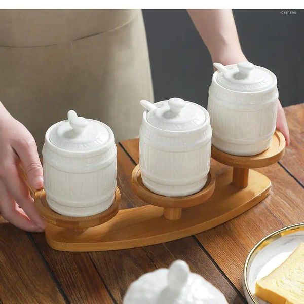 Aufbewahrung Flaschen weißer Keramik -Gewürztopf mit Deckel Set Sugar Jar Küche Lieferungen Behälter Haushaltskasten Rack