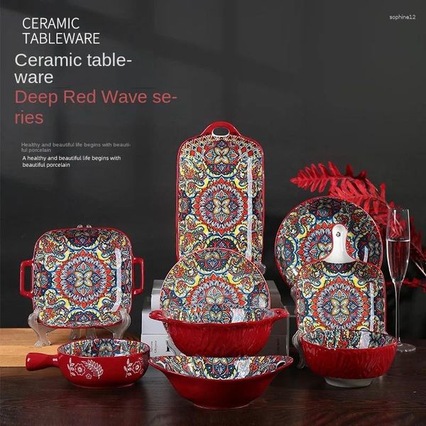 Dinnerware Define estilo boêmio de onda vermelha profunda Cerâmica Tabela de mesa exótica Underlaze Placa colorida Manuse