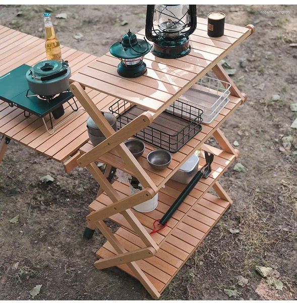 Camp Furniture Hochwertige Outdoor-Rack Multi-Layer Foldable Installationsfrei tragbares Bambus Camping Picknick-Speicher Utensilien Mini klein