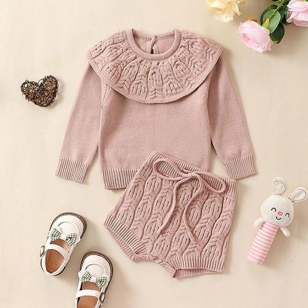 Ставки одежды для маленьких девочек с двумя предметами свитер с длинным рукавом с шортами вязаная осенняя одежда