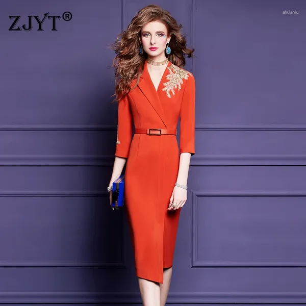 Повседневные платья Zjyt Office Lady Beading Bueding Blazer Pencil для женщин Элегантное деловое шикарное платье Spring Midi Plus Size Женская вечеринка для женской одежды