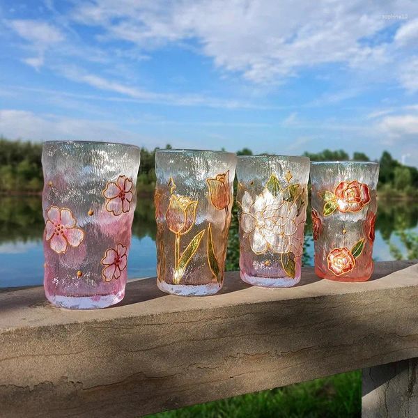 Weingläser japanische Handmalerei Glas Kaffeetasse Blumenmuster Wasser Tee Getränk Geschirr Milchsaft Tassen Whisky Geschenk