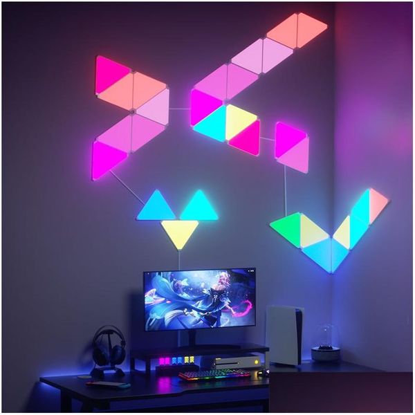 Lâmpadas de parede Triângulo Diy Lumin Quantum Lamp App Control Colorf RGB Smart Lights Wi -Fi Blue Tooth Music Sync Game Bedroom Decoração Drop Dhvak