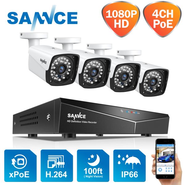 Sistema Sannce 2MP XPOE HD Câmeras de vigilância de vídeo 4CH H.264 NVR com câmera IP à prova d'água à prova d'água de 1080p ao ar livre