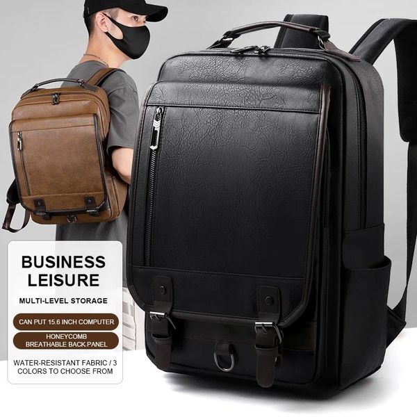 Sırt çantası yüksek kaliteli PU deri erkekler çok katmanlı tasarım okul çantası erkekler için su geçirmez dizüstü bilgisayar çantaları büyük kapasiteli seyahat