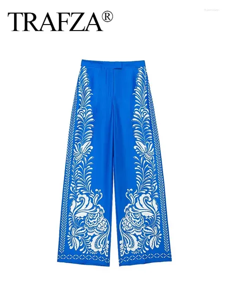 Calça feminina Trafza Spring Woman Woman Trendy Blue Print High Boltos de cintura Botão Button Troushers Feminino estilo boêmio