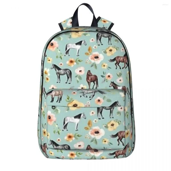 Cavalos de mochila com flores Sunrise Floral Blual Horse Decor casual Crianças bolsas escolar