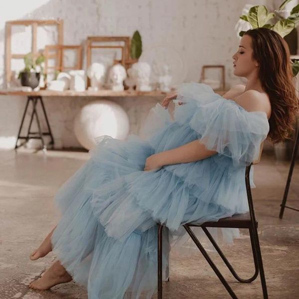 Vestidos de festa bem azul claro Tulle Long Women Birthday Off the ombro Ruffles Prom Dress Robe Pograph