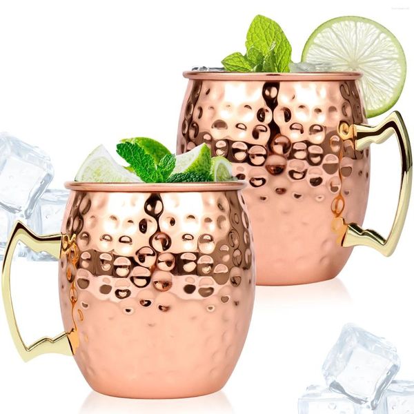 Canecas 2pcs Moscou Mule 16oz xícaras de grande capacidade com alça de alça 304 aço inoxidável martelado