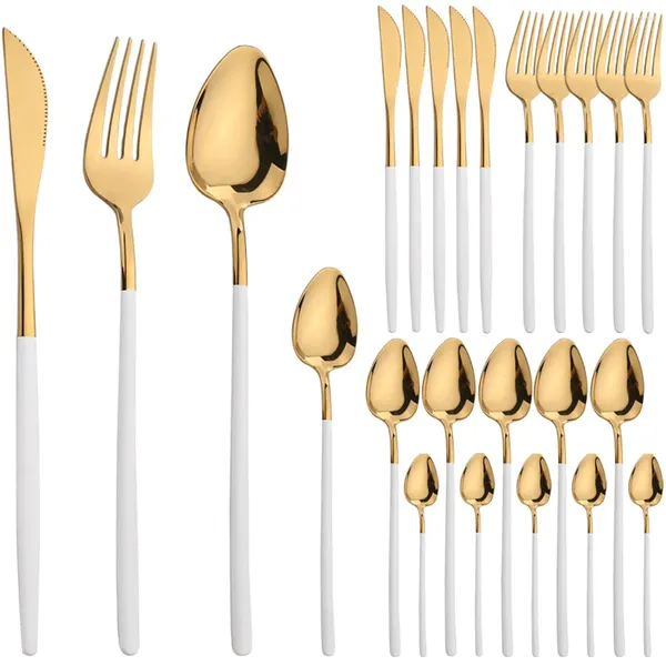 Utensílios de jantar 24pcs talheres de talheres de aço inoxidável Tabela de tabela de ouro branco Faca de faca de garfo espelho de talheres de cozinha talheres de cozinha talheres de cozinha talheres