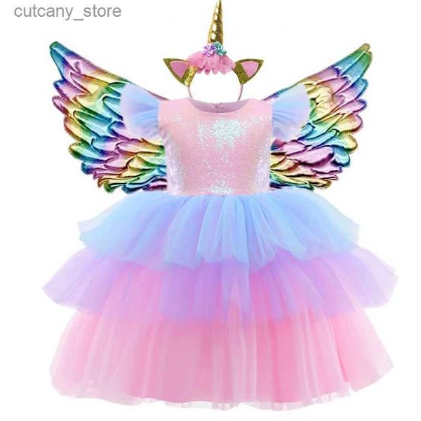 Abiti da ragazza paillettes Rainbow Birthday Abites for Girls Children Egant Wedding Party Prom Gowns Kids Princess Tul Abito a strati L240402