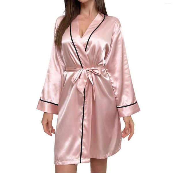 Heimkleidung Frauen Nachtwäsche Patchwork Lange Bademäntel Damen Nachthemd Satin Seidenkleid Bademantel für Frauen Kimono Robe Pyjamas