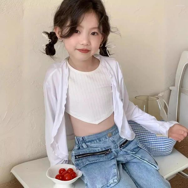 Jacken Kinder Kleidung Kinder dünne Festkapsel Korea Style 2024 Sommer Mädchen weiße Sonnencreme Langarm Langarm einfaches Top