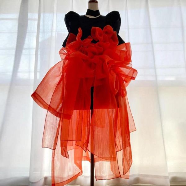 Abiti casual chic Flower Ruffle Flower fatti a mano Summer Coral Red Organza Short Prom Party Abito da pografia su misura.