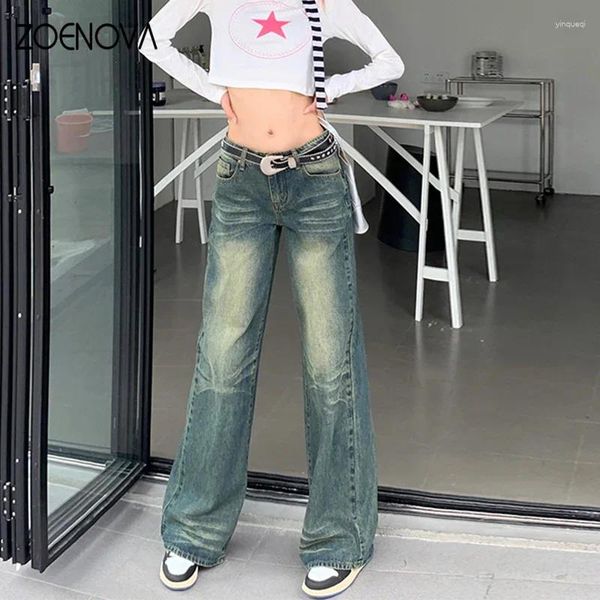 Женские джинсы Zoenova Summer American Style Micro Speaker Retro Vintage с низкой талией с широкой ногой прямой девчонка Джинсовая швабля