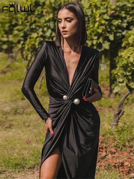 Abiti casual Habbris Sexy Deep Deep Neck Slevee Long Dress Abito Festa per donne 2024 Flitta Falx Funl Black Fucina Elegante