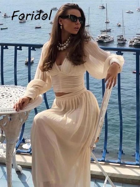 Lässige Kleider Langarm Langarm Mesh Chiffon Kleiderblusenrock in passenden Sets Modes Spring Sommer Boho Beach Style Midi Anzüge Frauen Frauen