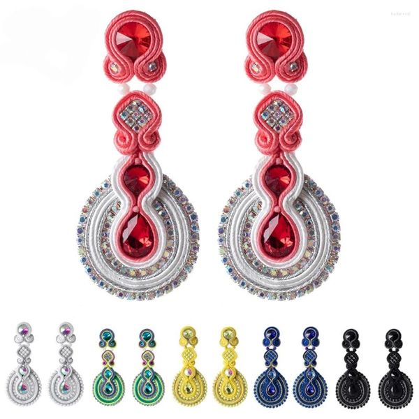 Dangle Ohrringe schöne handgefertigte Soutache für Frauen Schmuck Big Round Anhänger Kristalle Ohrring Ethnischer Stil weben Multicolor