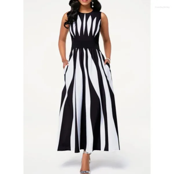 Vestidos casuais Partido elegante para mulheres 2024 Sexy Stripe mangas uma linha de trabalho Moda Moda High Summer Dress Long Summer Dress