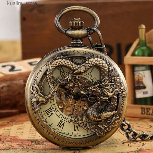 Карманные часы бронзовые полые драконы дисплей Half Hunter Mechanical Pocket Cool Antique Penden Mechanal Pocket Clock подарок для мужчин L240402