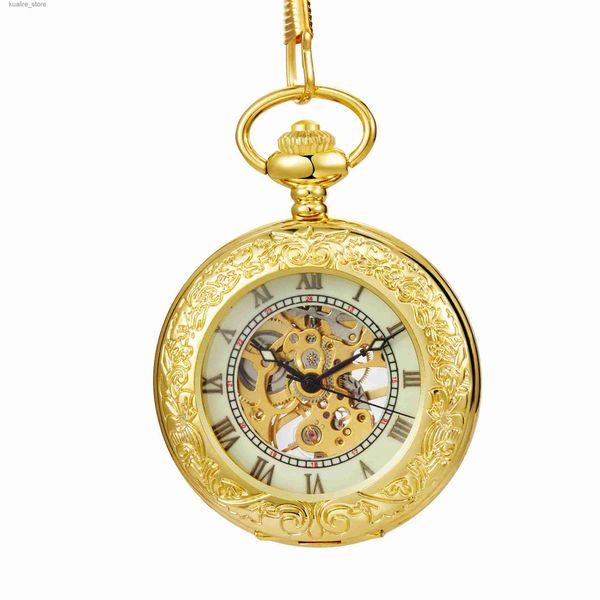 Pocket Watches Gold Mechanical Hand Wind Pocket Antique Requintado algarismos romanos exibem atmosfera luxuosa Pingente Relógio Presentes Ancião L240402