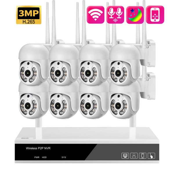 Sistema Azishn 3mp HD H.265 Sistema de CCTV sem fio Human Auto Track PTZ WiFi Security IP Câmera IP Outdoor 8CH P2P NVR Kit de vigilância por vídeo