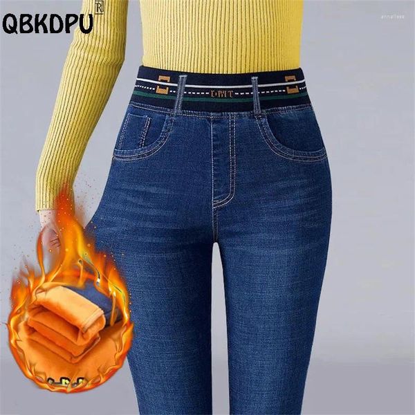 Kadın kot pantolon büyük boy 40 kış sıska kadın yüksek bel artı kadife streç vaqueros rahat kalın sıcak kalem pantolon peluş denim legging