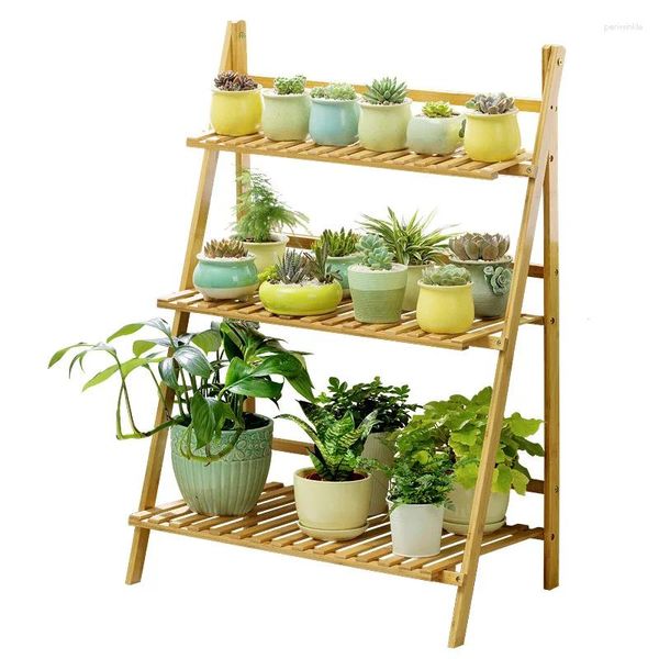 Vasos Bamboo Wood Ladder Stand Stand de 3 camadas Organizador Placa de prateleira de prateleira de prateleira para pátio para o pátio doméstico Jardim