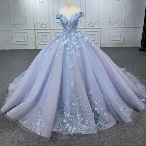 Abiti abiti da quinceanera scintillanti di lusso azzurro che scintillano spalla cristallo floreale applique browos de 15 anos abito di compleanno formale