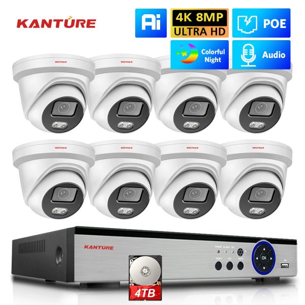 System Kanture 8Ch CCTV -Überwachungskamera System 4K POE NVR Kit Audio wasserdichtes Innenraum Außenkuppel IP -Kamera 8MP Farbkamera Set