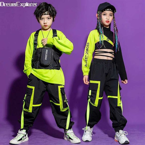 Hose Jungen Hip Hop Vest Girls Cuff Cargo Hose Outfit Kinder Sweatshirt Chest Tasche Jogger Street Dance Kinder Streetwear Kostüm Sportwege L46