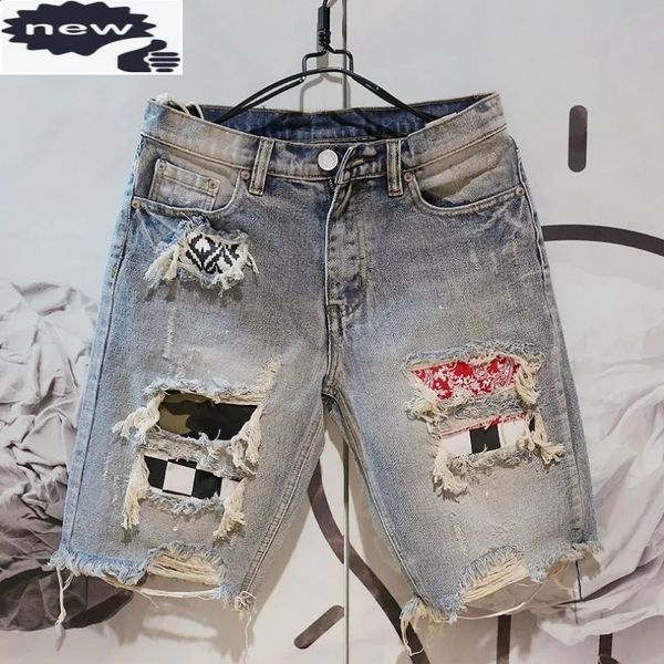 Summer Men Men até o joelho de joelho Hole casual Ripped Short Shorts de personalidade zíper jeans curto reto 28-36 240329