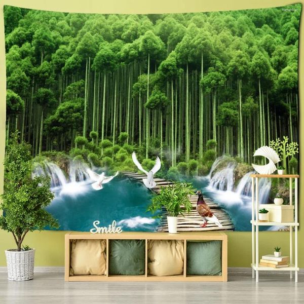Camities bambu orman ve uçan güvercin Çin duvar goblen duvar asılı hippi tv arka plan ev dekor