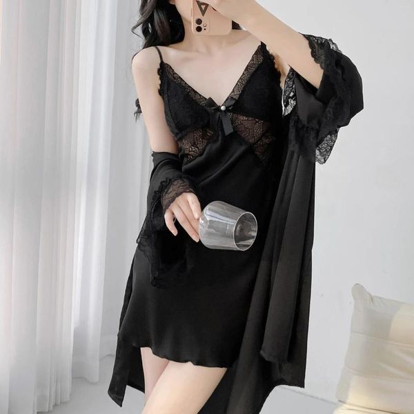 Abbigliamento da casa donna sexy da donna aokrobe cinturino notturno in pizzo set di abiti da sonno abbinate estate a v-collo notte kimono da bagno da bagno da bagno kimono