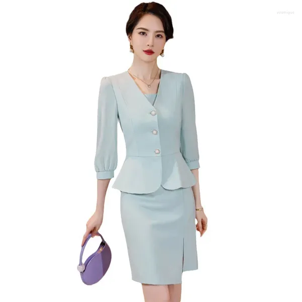 Frauenanzüge Frauen 2 Stück Set 2024 Fashion Lantern Ärmeljacke weiß blaues Kleid Anzug Büro Damen Business Blazer Rock