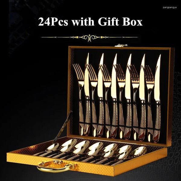 Geschirrsets 24 -pcs Gold Plated Edelstahl Set Dinner Messer Fork Gabel Besteck mit Geschenkbox -Service für 6 Drop