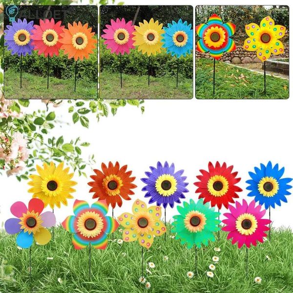 Decorações de jardim 36 cm de girassol plástico girando colorido moinho de vento ao ar livre Decoração de pátio de jardinagem brinquedos infantis