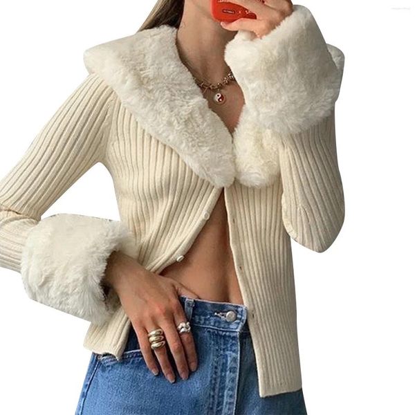 Damen Strick Frauen Fell gerippte Strick -Ernte -Top Langarmknopf Vneck Cardigan Pullover Pullover mit flauschigen Kragenmanschetten