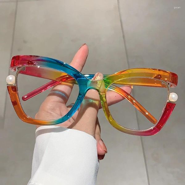 Sonnenbrille Kammpt Übergroße Katzenauge Frauen Brillen mit Perlen stilvollen blauen Licht blockieren locke trendy Multicolor -Computer Eyewear