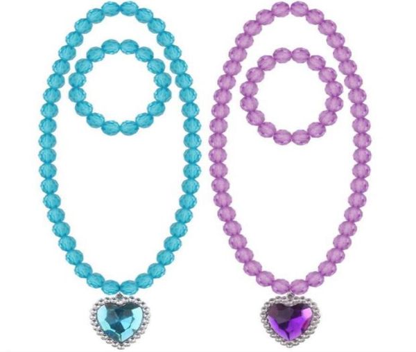 Colar de miçangas e pulseira Conjunto para joias infantis para meninas com pingente de coração de cristal Dress Up Fingle Play Party Favor Pink Blue Purp6082193