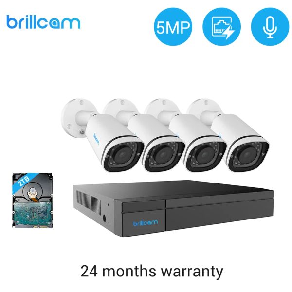 System Brillcam H.265 8CH 5MP POE Security Camera System Kit 4pcs 5MP POE IP -камера Внешнее водонепроницаемое домашнее видеоролика NVR набор NVR