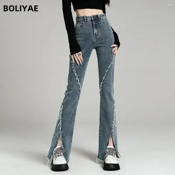 Jeans femininos Boliyae Slim Flare Women High Street Street Vintage Elasticity Troushers Chic Waist