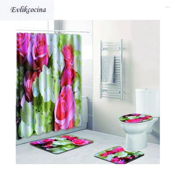 Tapetes de banho rosa rosa flores brancas casa de banho banyo banheiro banheiro conjunto de vaso sanitário tapis salle bain alfombra bano