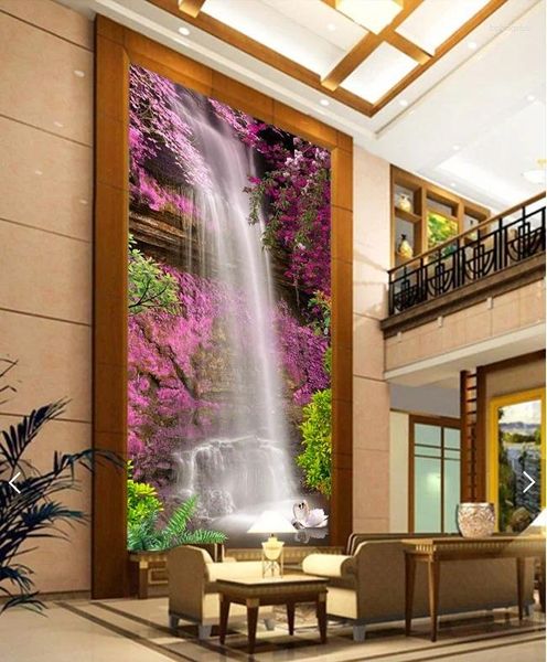 Sfondi a sfondi da parati 3d carta da parati murale personalizzata cascata cigno fiori rosa dipinto di pittura arredamento per la casa sfondo per pareti 3 d