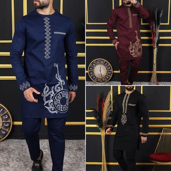 Dashiki 2 PCS Sets Abaya Mens Clothing Funt Pant Set Set Elegant African Etnic Style Круглая шея костюмы Kaftan 240401